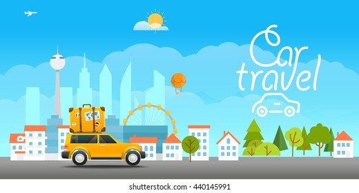 Vacation Travelling Concept. Vector Travel Illustration With The Car. Car Travel 
Concept