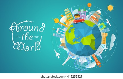 Vacation travelling concept. Vector travel illustration with the bag. Around the world