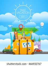 Vacation travelling concept. Vector travel illustration with the bag. Take vacation 
concept with the logo