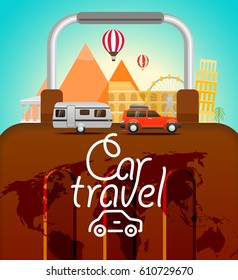 Vacation travelling concept. Vector travel illustration with different famous sights. Car travel