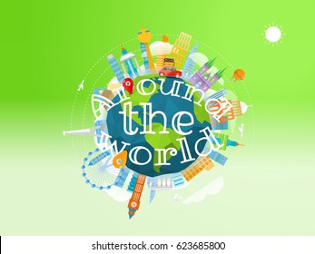 Vacation travelling concept. Vector travel illustration with the bag. Around the world