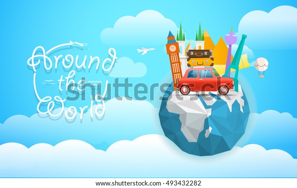Vacation travelling concept. Vector travel\
illustration with different famous sights. Around the world concept\
with the logo and the\
Earth