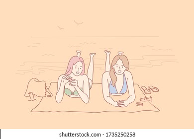 Vacation, travelling, holiday concept. Young happy women girls friends tourists cartoon characters lying on ocean beach sunbathing together. Summer rest or recreation on sea coast and active lifestyle