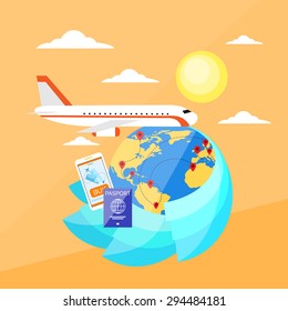 Vacation Trip Booking Ticket Online Plane Flight, World Map Travel Flat Vector Illustration