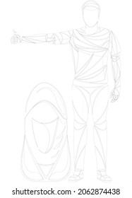 Vacation and trip concept for banner, website. Man with big backpack stopped ride by thumbing. Isolated hitchhiking sketch, vector