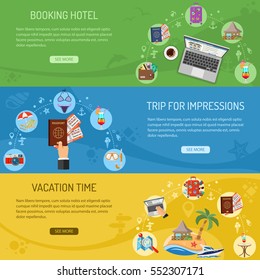 Vacation and Trip Horizontal Banners with Flat Icons Planning, Passport, Cocktail and Bungalow vector illustration