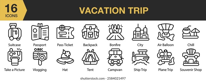 Vacation Trip icon set. Includes trip, vacation, travel, holiday, journey, and More. Outline icons vector collection.