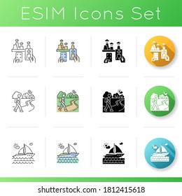 Vacation trip icons set. Linear, black and RGB color styles. Atomic tourism, hiking trip and yacht sailing. Different tourist recreational activities on holidays. Isolated vector illustrations