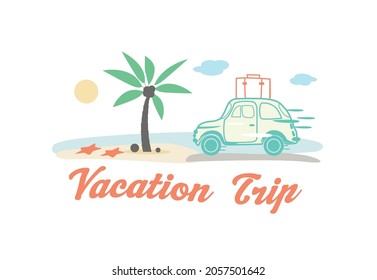 Vacation trip illustration including beach elements and a small car arriving 