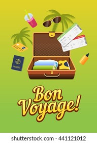 Vacation trip to other countries. Travel  world. Flight . Tourism. Colorful vector banner. Open suitcase with clothes. Passport and  tickets. Travelling illustration. Flat design.