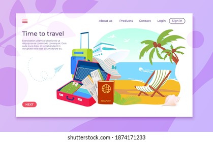 Vacation trip with suitcase, vector illustration. Summer travel tourism and flat journey banner, holiday tour concept. Tourist luggage for adventure, luggage website business design.