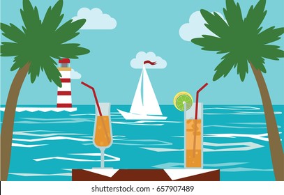 Vacation trip. Tropical romantic vacations. Cocktails on beach. Sailboat and lighthouse.