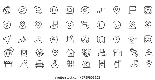 Vacation and trips set of web icons in line style. Exclusive vacation and trips line icon collection. Containing plane, airplane, rocket, car, compass, location. Editable stroke. Vector illustration.