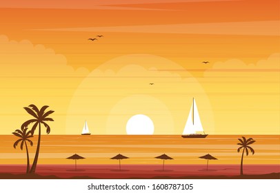 Vacation in Tropical Beach Sea Palm Tree Summer Landscape Illustration