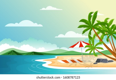 Vacation in Tropical Beach Sea Palm Tree Summer Landscape Illustration