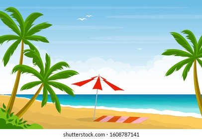 Vacation in Tropical Beach Sea Palm Tree Summer Landscape Illustration