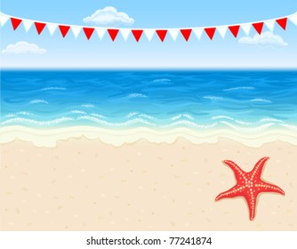 Vacation at tropical beach with white sands and starfish. Vector file saved as EPS AI8, all elements layered, grouped, simple linear gradients, no effects, easy print.