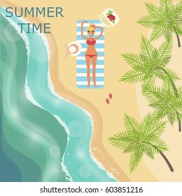 Vacation in tropical countries. Summer beach landscape. Top view vector illustration eps 10.