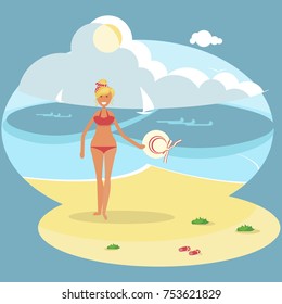 Vacation in tropical countries. Young girl on Summer beach landscape. Top view vector illustration eps 10.