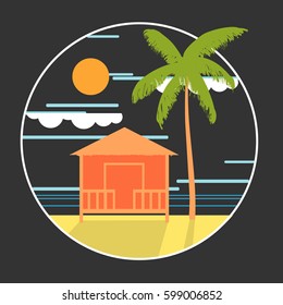Vacation in the tropics. Bungalow, palm trees. Vector Illustration.