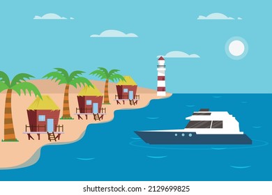 Vacation vector concept. Cruise ship anchoring on the tropical beach with cottage buildings