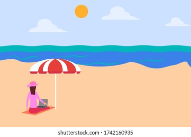 Vacation vector concept: Woman in pink using laptop at beach during vacation