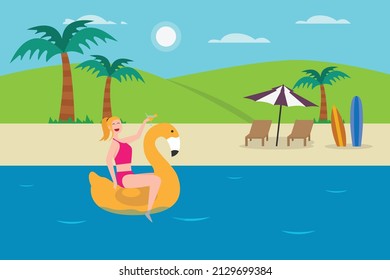 Vacation vector concept. Young woman drinking a cocktail and sitting on an inflatable float while enjoying summer holiday in the tropical beach