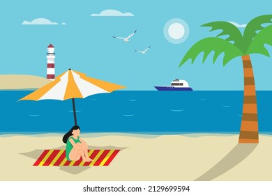 Vacation vector concept. Young woman enjoying summer holiday while sitting on the mat under umbrella with lighthouse background