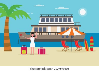 Vacation vector concept. Young woman taking selfie photo with cruise ship while having summer holiday