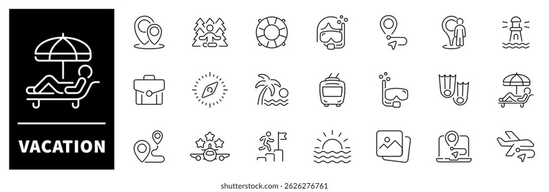 Vacation vector icon set. Summer vacation and holiday vector icons. vacation, recreation, leisure, travel, entertainment, relax, relaxation icons
