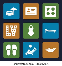 vacation vector icons. Set of 9 vacation filled icons such as passport, from toy for beach, woman in hammock, Vegas, slippers, sunbed, man laying in the sun