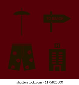 vacation vector icons set. with beach umbrella, beach direction, shorts and hotel building in set