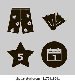 vacation vector icons set. with flippers, hotel five stars, first september calendar and shorts in set