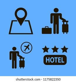vacation vector icons set. with guest, hotel three stars, location and tourist flying in set