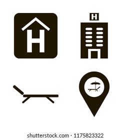 vacation vector icons set. with hotel building, beach location, hotel sign and chaise lounge in set