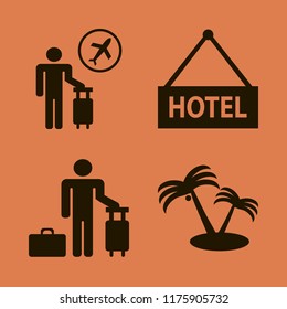 vacation vector icons set. with hotel, palm trees, tourist flying and guest in set