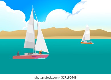 Vacation. Vector illustration of beautiful seascapes with yachts at summer day, big dunes and the cumulus clouds in the background. Cartoon style. Concept idea. Panorama. Background. Banner. Poster.
