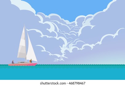 Vacation. Vector illustration of beautiful seascapes with yachts at summer day, with the cumulus clouds in the background. Cartoon style.