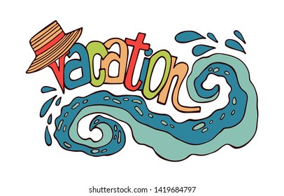 Vacation vector illustration outlines coloring hand drawing text lettering