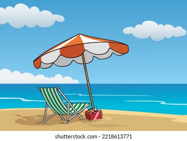 Vacation Vector Illustration, An umbrella and lounger on the white sandy beach