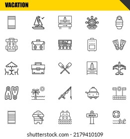 vacation vector line icons set. beach towel, beach towel and picnic Icons. Thin line design. Modern outline graphic elements, simple stroke symbols stock illustration