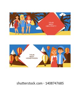 Vacation vector people loving couple character on holidays illustration backdrop set of tropical card with woman man on ocean beach girls party background banner.