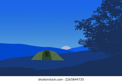  vacation vector: a tent in the mountains, camping in nature,  in the night, with the colors blue and a white moon