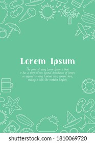 Vacation - vertical card with text and vector outline illustrations of travel, holiday day for graphic design