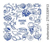 Vacation vibes hand drawn vector illustrations. Vector set with marine life.