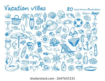 Vacation vibes hand drawn vector illustrations. Vector set with marine life.