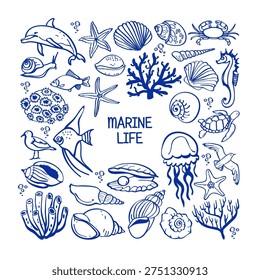 Vacation vibes hand drawn vector illustrations. Vector set with marine life.
