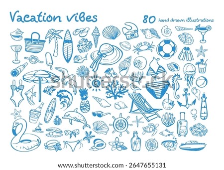 Vacation vibes hand drawn vector illustrations. Vector set with marine life.