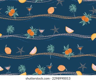 Vacation Vibes palmtree, cóctel y frutas de verano Lemon y Orange al estilo dibujado a rayas. Elemento de diseño para la fiesta de verano y todas las impresiones 