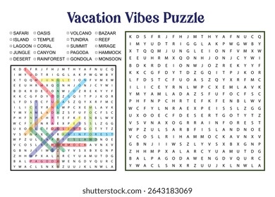 Vacation Vibes word search puzzle featuring travel destinations like jungle, desert, rainforest, island, and pagoda. Fun activity for travel enthusiasts.